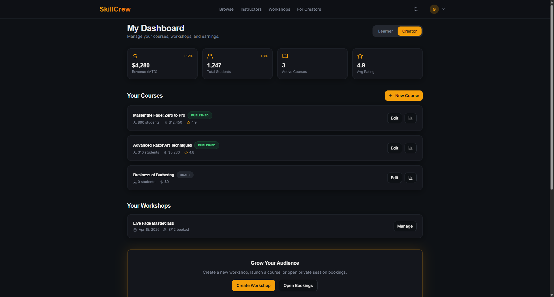 Creator dashboard with revenue, student, course, and rating metrics plus course and workshop management rows and creation entry points.