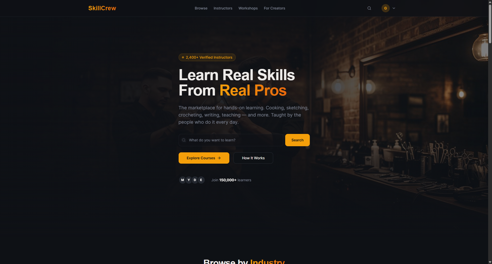 SkillCrew prototype homepage hero with a hands-on learning marketplace search, Explore Courses call to action, and verified-instructor badge.