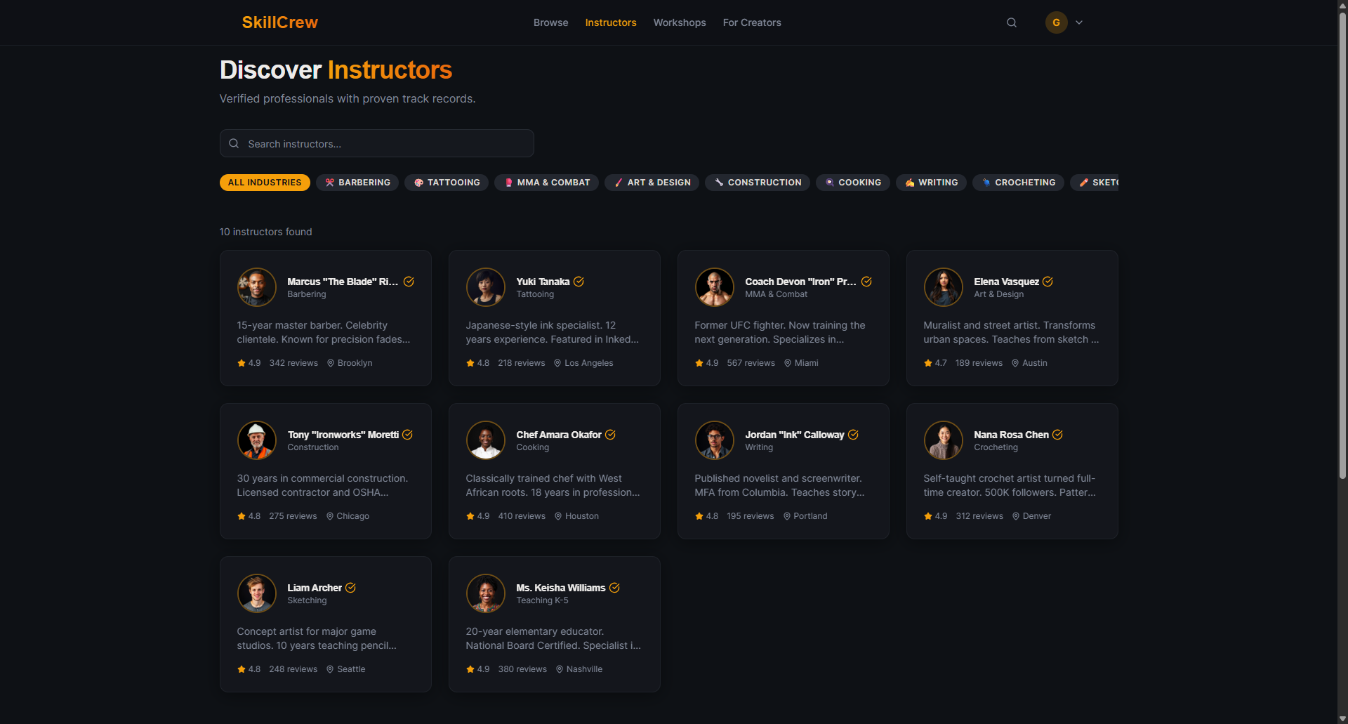 Instructor discovery page with industry filters and instructor cards showing specialty, rating, review count, and location.